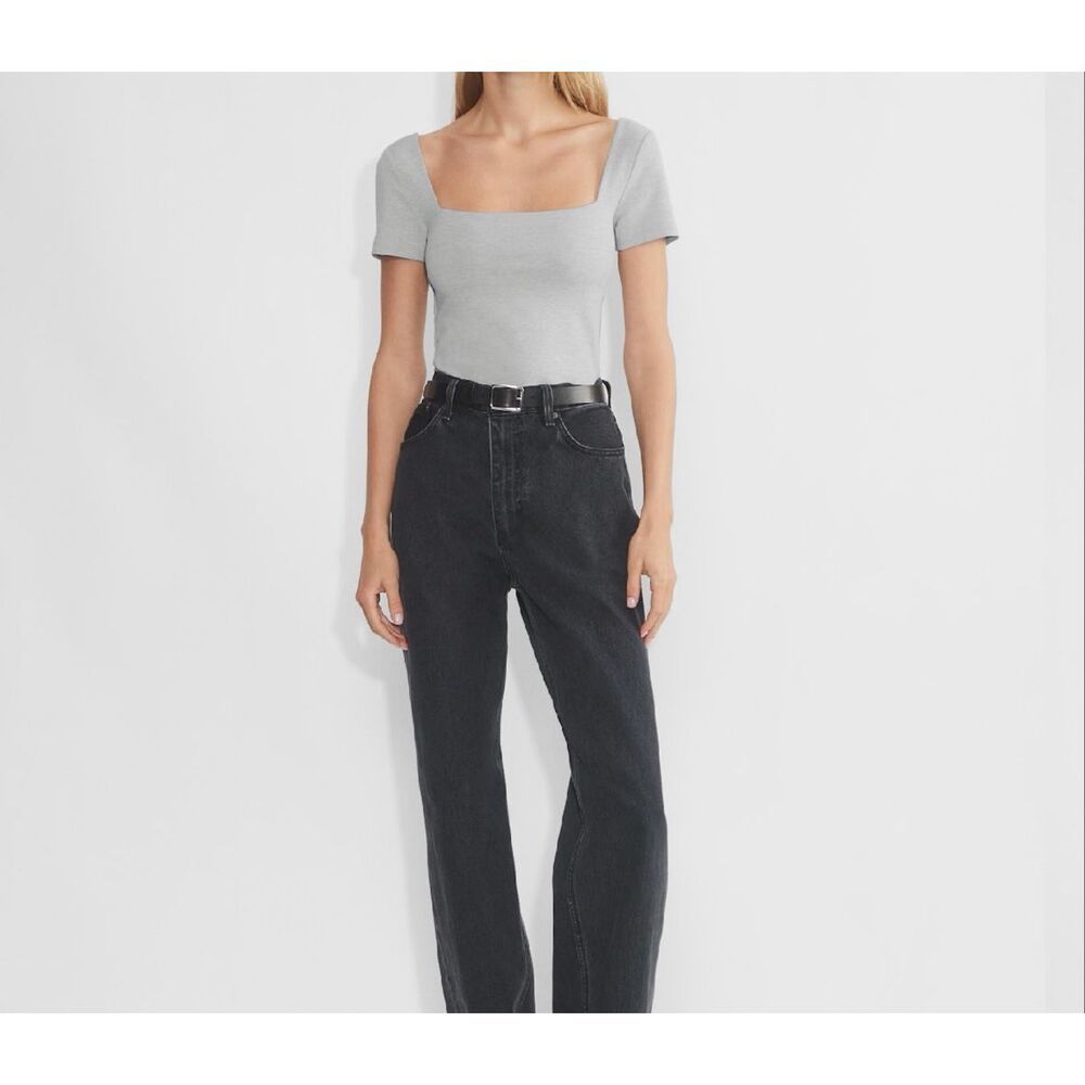 Aritzia Women's Square Neck Short Cap Sleeve Fitted Casual Top Gray L NEW